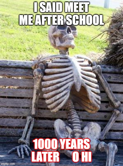 Waiting Skeleton |  I SAID MEET ME AFTER SCHOOL; 1000 YEARS LATER      O HI | image tagged in memes,waiting skeleton | made w/ Imgflip meme maker