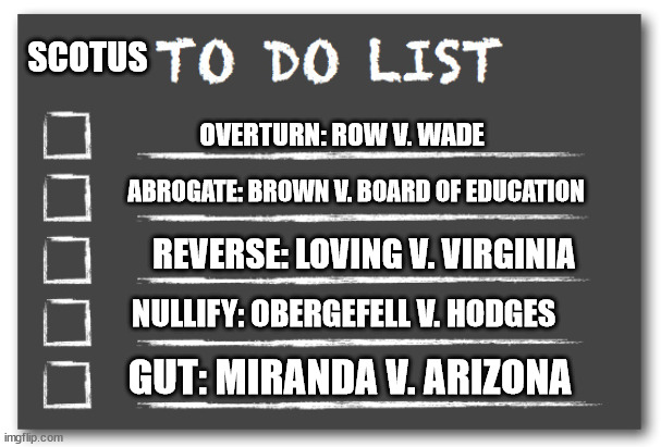 SCOTUS TO DO LIST | SCOTUS; OVERTURN: ROW V. WADE; ABROGATE: BROWN V. BOARD OF EDUCATION; REVERSE: LOVING V. VIRGINIA; NULLIFY: OBERGEFELL V. HODGES; GUT: MIRANDA V. ARIZONA | image tagged in to do list,scotus,roe,dystopia | made w/ Imgflip meme maker