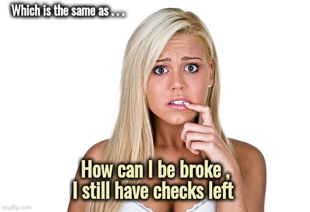 Dumb Blonde | Which is the same as . . . How can I be broke , I still have checks left | image tagged in dumb blonde | made w/ Imgflip meme maker