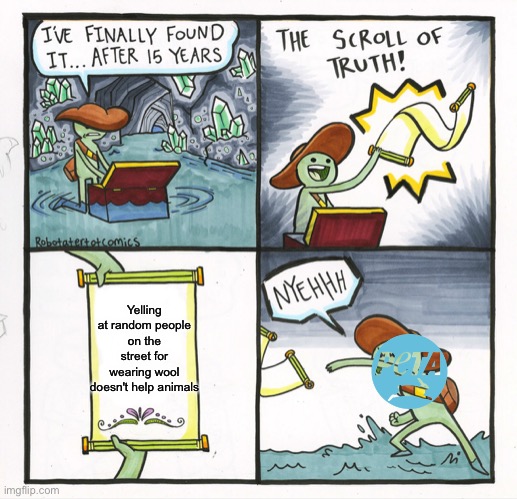The Scroll Of Truth | Yelling at random people on the street for wearing wool doesn't help animals | image tagged in memes,the scroll of truth | made w/ Imgflip meme maker