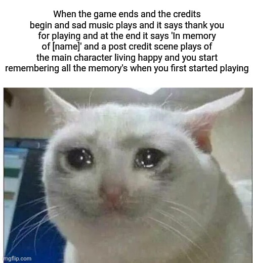 The good ol days | When the game ends and the credits begin and sad music plays and it says thank you for playing and at the end it says 'In memory of [name]' and a post credit scene plays of the main character living happy and you start remembering all the memory's when you first started playing | image tagged in crying cat | made w/ Imgflip meme maker