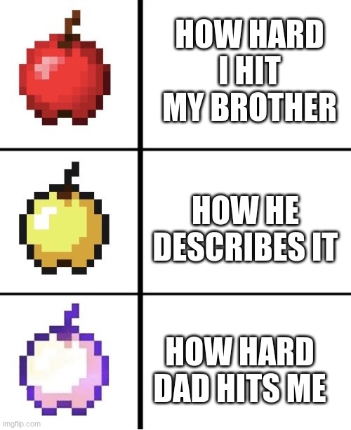Minecraft apple format | HOW HARD I HIT MY BROTHER; HOW HE DESCRIBES IT; HOW HARD DAD HITS ME | image tagged in minecraft apple format | made w/ Imgflip meme maker