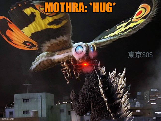 Mothra Vs Godzilla TOKYO S.O.S | MOTHRA: *HUG* | image tagged in mothra vs godzilla tokyo s o s | made w/ Imgflip meme maker