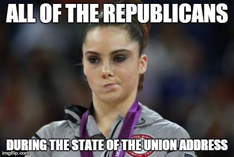 McKayla Maroney Not Impressed Meme | ALL OF THE REPUBLICANS DURING THE STATE OF THE UNION ADDRESS | image tagged in memes,mckayla maroney not impressed | made w/ Imgflip meme maker