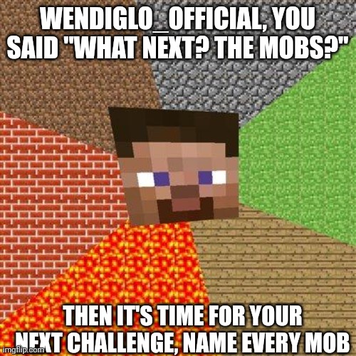 I'm not sure if someone already challenged you to do this | WENDIGLO_OFFICIAL, YOU SAID "WHAT NEXT? THE MOBS?"; THEN IT'S TIME FOR YOUR NEXT CHALLENGE, NAME EVERY MOB | image tagged in minecraft steve | made w/ Imgflip meme maker