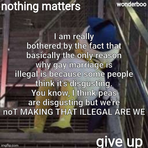 nothing matters give up | I am really bothered by the fact that basically the only reason why gay marriage is illegal is because some people think it's disgusting. You know, I think peas are disgusting but we're noT MAKING THAT ILLEGAL ARE WE | image tagged in nothing matters give up | made w/ Imgflip meme maker