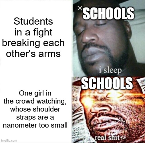 Sleeping Shaq Meme | Students in a fight breaking each other's arms; SCHOOLS; SCHOOLS; One girl in the crowd watching, whose shoulder straps are a nanometer too small | image tagged in memes,sleeping shaq | made w/ Imgflip meme maker