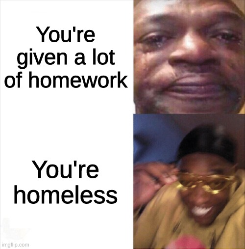 im running out of ideas this is one of my first posts in a week | You're given a lot of homework; You're homeless | image tagged in sad happy | made w/ Imgflip meme maker