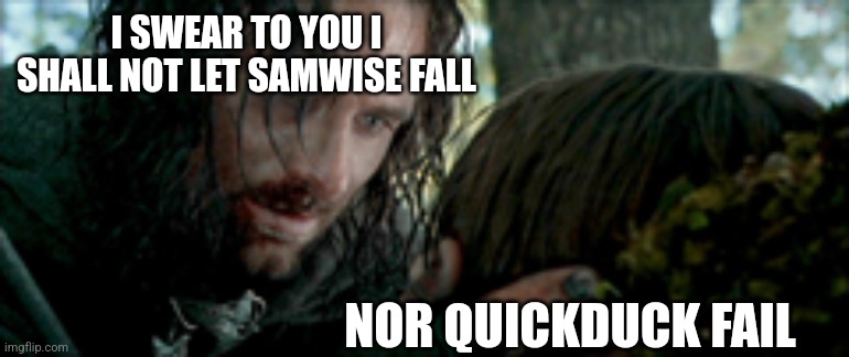 I swear to you | I SWEAR TO YOU I SHALL NOT LET SAMWISE FALL; NOR QUICKDUCK FAIL | image tagged in i swear to you | made w/ Imgflip meme maker