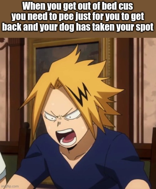 Angy denki | When you get out of bed cus you need to pee just for you to get back and your dog has taken your spot | image tagged in angy denki | made w/ Imgflip meme maker