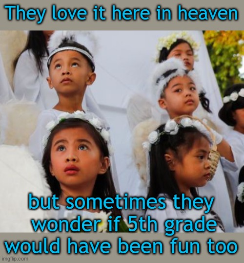 They love it here in heaven but sometimes they  wonder if 5th grade would have been fun too | made w/ Imgflip meme maker