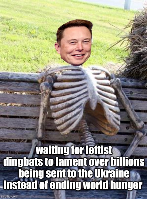 Warmongers. |  waiting for leftist dingbats to lament over billions being sent to the Ukraine instead of ending world hunger | image tagged in memes,waiting skeleton,politics lol | made w/ Imgflip meme maker