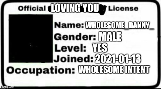 Here's my license officer  ;-; | LOVING YOU; WHOLESOME_DANNY_; MALE; YES; 2021-01-13; WHOLESOME INTENT | image tagged in meme stealing license,wholesome | made w/ Imgflip meme maker