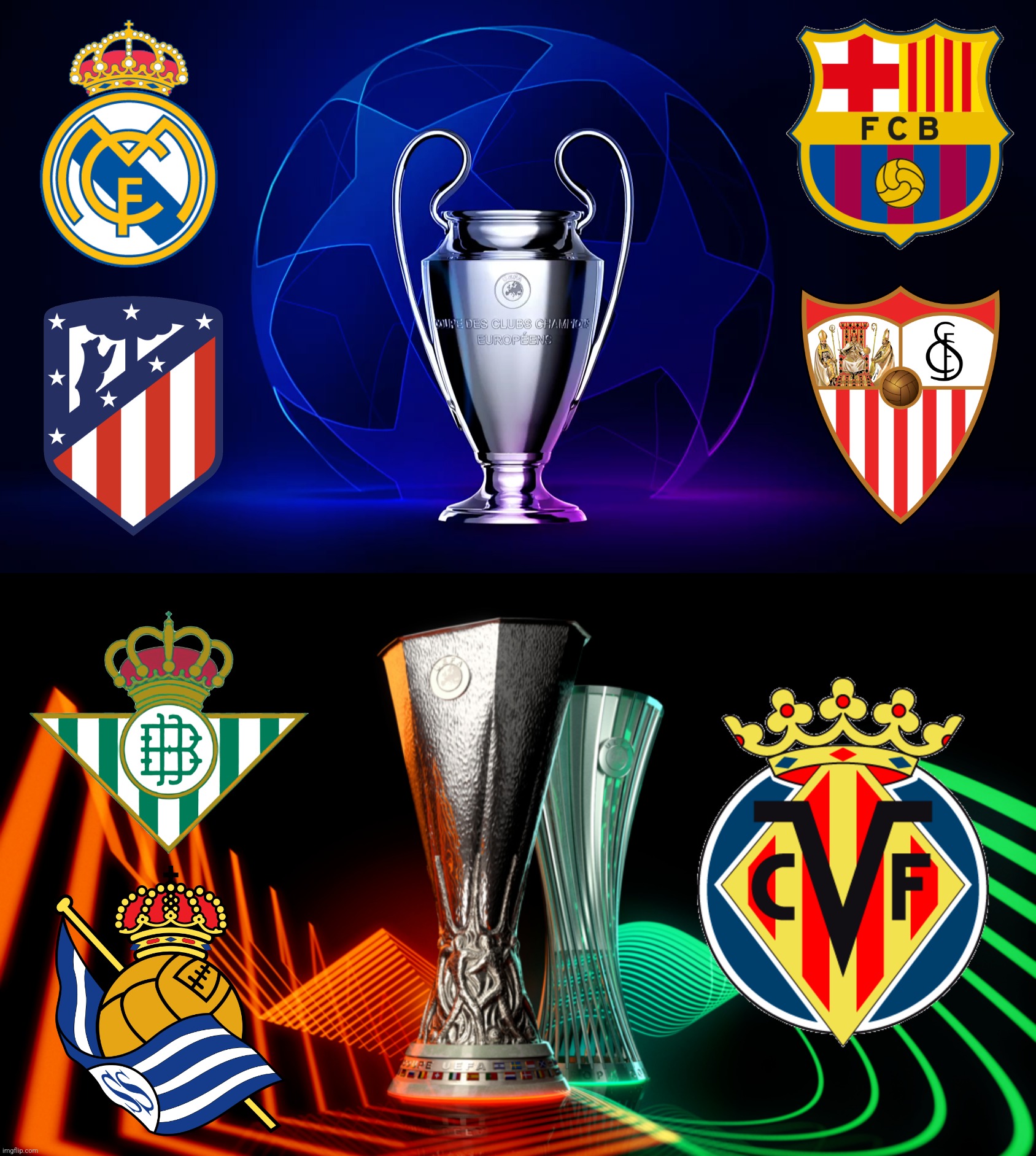 The Clubs who represent Spain in the 3 European Competitions 2022-2023 | image tagged in champions league,europa league,conference league,real madrid,barcelona,futbol | made w/ Imgflip meme maker