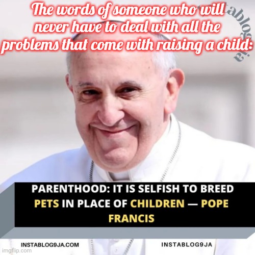 Time for another immaculate conception! | The words of someone who will never have to deal with all the problems that come with raising a child: | image tagged in it is selfish to breed pets in place of children - pope francis,hypocrite,scumbag christian,parenthood | made w/ Imgflip meme maker