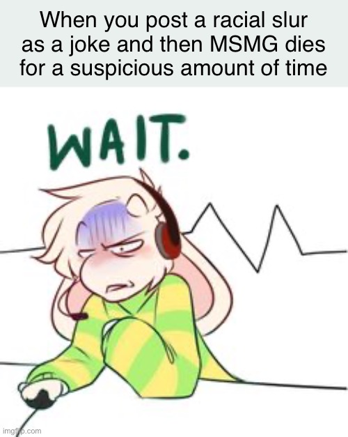 OP moment: | When you post a racial slur as a joke and then MSMG dies for a suspicious amount of time | made w/ Imgflip meme maker