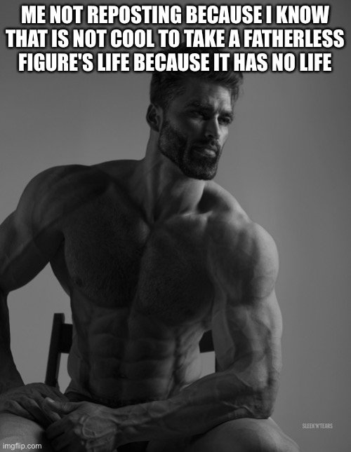 Giga Chad | ME NOT REPOSTING BECAUSE I KNOW THAT IS NOT COOL TO TAKE A FATHERLESS FIGURE'S LIFE BECAUSE IT HAS NO LIFE | image tagged in giga chad | made w/ Imgflip meme maker