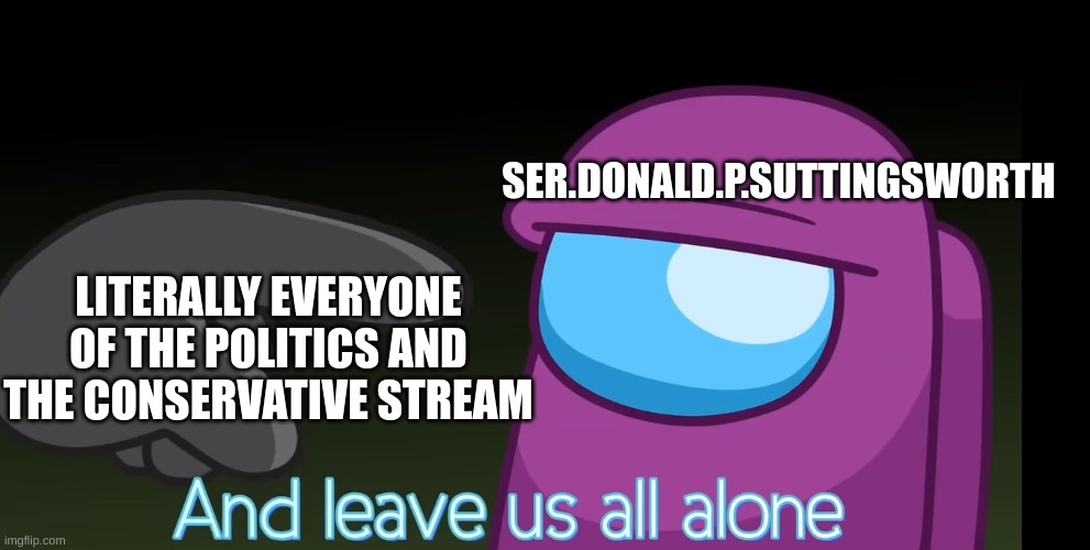 Please just leave us alone | SER.DONALD.P.SUTTINGSWORTH; LITERALLY EVERYONE OF THE POLITICS AND THE CONSERVATIVE STREAM | image tagged in and leave us all alone | made w/ Imgflip meme maker