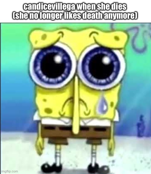 Sad Spongebob | candicevillega when she dies (she no longer likes death anymore) | image tagged in sad spongebob | made w/ Imgflip meme maker