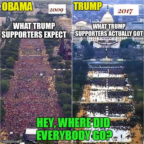 Lest we forget - inauguration crowd size Obama Trump | WHAT TRUMP SUPPORTERS ACTUALLY GOT; WHAT TRUMP SUPPORTERS EXPECT | image tagged in lest we forget - inauguration crowd size obama trump | made w/ Imgflip meme maker