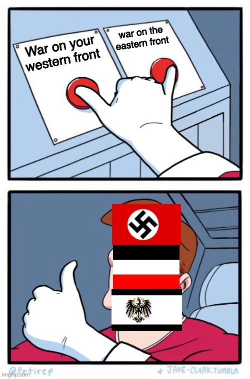 war on both fronts | war on the eastern front; War on your western front | image tagged in both buttons pressed,germany | made w/ Imgflip meme maker
