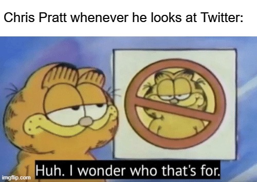 Garfield wonders | Chris Pratt whenever he looks at Twitter: | image tagged in garfield wonders | made w/ Imgflip meme maker
