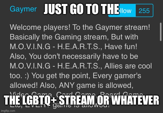Weird stream names 8 (the final until I find more) | JUST GO TO THE; THE LGBTQ+ STREAM OR WHATEVER | image tagged in roadto50k | made w/ Imgflip meme maker