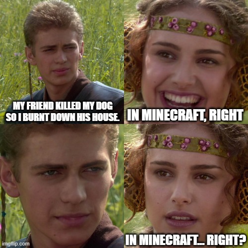 Anakin Padme 4 Panel | MY FRIEND KILLED MY DOG SO I BURNT DOWN HIS HOUSE. IN MINECRAFT, RIGHT; IN MINECRAFT... RIGHT? | image tagged in anakin padme 4 panel | made w/ Imgflip meme maker