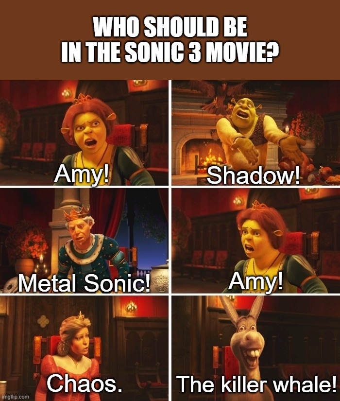Shrek Fiona Harold Donkey |  WHO SHOULD BE IN THE SONIC 3 MOVIE? Amy! Shadow! Amy! Metal Sonic! The killer whale! Chaos. | image tagged in shrek fiona harold donkey | made w/ Imgflip meme maker