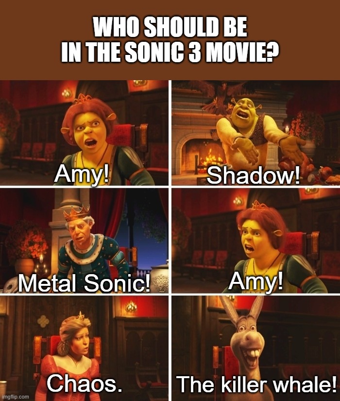 Shrek Fiona Harold Donkey | WHO SHOULD BE IN THE SONIC 3 MOVIE? Amy! Shadow! Amy! Metal Sonic! The killer whale! Chaos. | image tagged in shrek fiona harold donkey | made w/ Imgflip meme maker