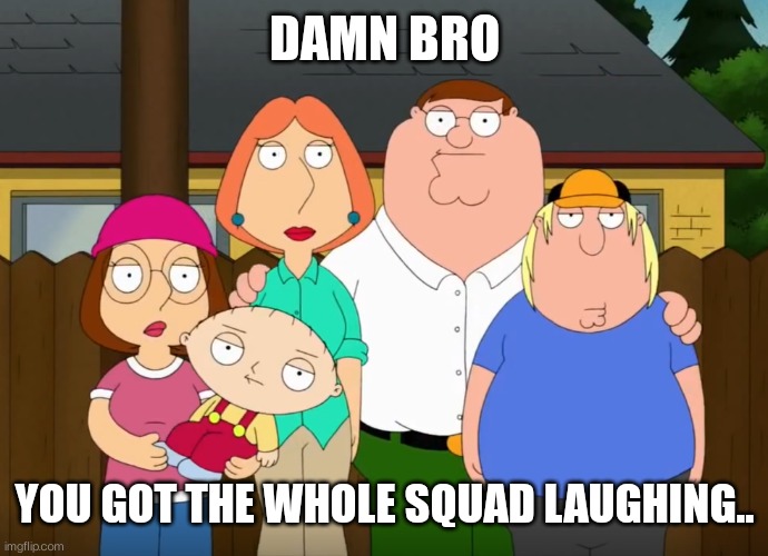 damn bro | DAMN BRO YOU GOT THE WHOLE SQUAD LAUGHING.. | image tagged in damn bro | made w/ Imgflip meme maker