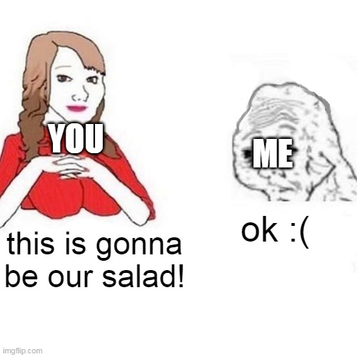 Yes Honey | this is gonna be our salad! ok :( ME YOU | image tagged in yes honey | made w/ Imgflip meme maker