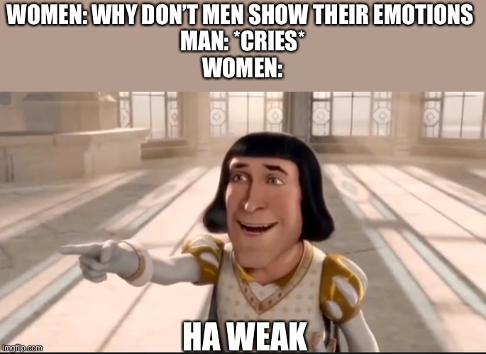 Ha weak | WOMEN: WHY DON’T MEN SHOW THEIR EMOTIONS 
MAN: *CRIES*
WOMEN:; HA WEAK | image tagged in the ogre has fallen in love with the princess,such truth has never been said,deez | made w/ Imgflip meme maker
