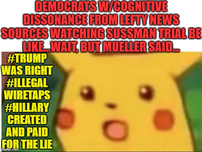 SUSSMAN THE FRONT MAN: ONLY BELIEVE A HILLARY CRONY UNDER OATH... | DEMOCRATS W/COGNITIVE DISSONANCE FROM LEFTY NEWS SOURCES WATCHING SUSSMAN TRIAL BE LIKE...WAIT, BUT MUELLER SAID... #TRUMP WAS RIGHT #ILLEGAL WIRETAPS #HILLARY CREATED AND PAID FOR THE LIE | image tagged in hillary clinton,sussman,trump,cnn,corruption | made w/ Imgflip meme maker