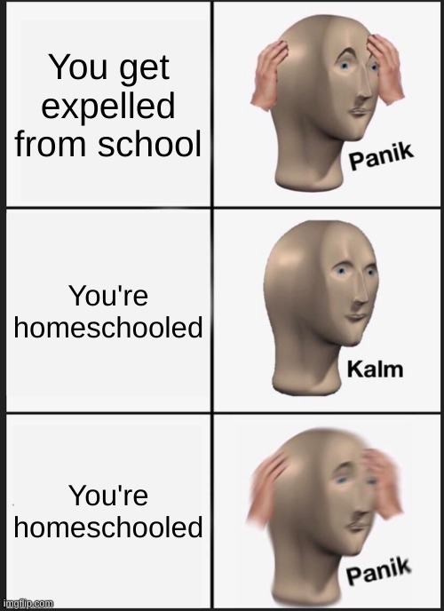 Panik Kalm Panik | You get expelled from school; You're homeschooled; You're homeschooled | image tagged in memes,panik kalm panik | made w/ Imgflip meme maker