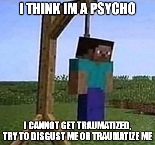 hang myself | I THINK IM A PSYCHO; I CANNOT GET TRAUMATIZED, TRY TO DISGUST ME OR TRAUMATIZE ME | image tagged in hang myself | made w/ Imgflip meme maker