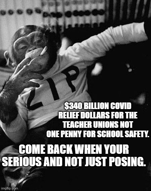 Zip the Smoking Chimp | COME BACK WHEN YOUR SERIOUS AND NOT JUST POSING. $340 BILLION COVID RELIEF DOLLARS FOR THE TEACHER UNIONS NOT ONE PENNY FOR SCHOOL SAFETY. | image tagged in zip the smoking chimp | made w/ Imgflip meme maker