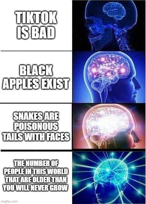 Cool Facts | TIKTOK IS BAD; BLACK APPLES EXIST; SNAKES ARE POISONOUS TAILS WITH FACES; THE NUMBER OF PEOPLE IN THIS WORLD THAT ARE OLDER THAN YOU WILL NEVER GROW | image tagged in memes,expanding brain | made w/ Imgflip meme maker