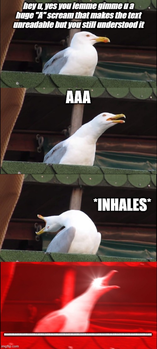 Breaking the 4th wall with the Inhaling Seagull |  hey u, yes you lemme gimme u a huge "A" scream that makes the text unreadable but you still understood it; AAA; *INHALES*; AAAAAAAAAAAAAAAAAAAAAAAAAAAAAAAAAAAAAAAAAAAAAAAAAAAAAAAAAAAAAAAAAAAAAAAAAAAAAAAAAAAAAAAAAAAAAAAAAA | image tagged in memes,inhaling seagull,4th wall,breaking the fourth wall,what can i say except aaaaaaaaaaa | made w/ Imgflip meme maker