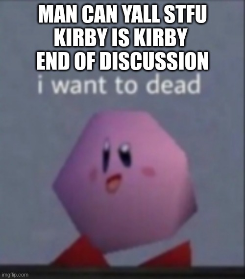 I want to dead/I want to die | MAN CAN YALL STFU
KIRBY IS KIRBY 
END OF DISCUSSION | image tagged in i want to dead/i want to die | made w/ Imgflip meme maker