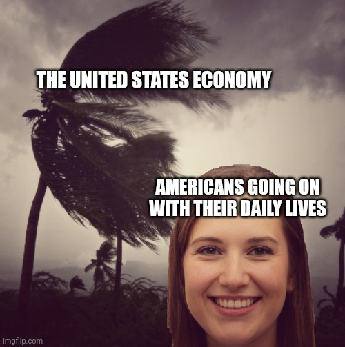 Tropical Storm Happiness | THE UNITED STATES ECONOMY; AMERICANS GOING ON WITH THEIR DAILY LIVES | image tagged in tropical storm happiness | made w/ Imgflip meme maker