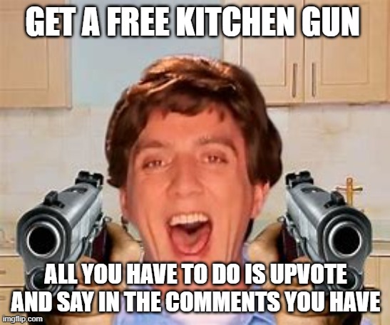 free kitchen gun | GET A FREE KITCHEN GUN; ALL YOU HAVE TO DO IS UPVOTE AND SAY IN THE COMMENTS YOU HAVE | image tagged in funny memes | made w/ Imgflip meme maker