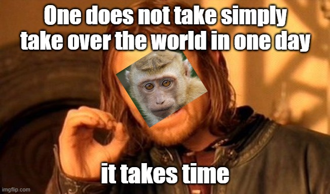 One Does Not Simply Meme |  One does not take simply take over the world in one day; it takes time | image tagged in memes,one does not simply | made w/ Imgflip meme maker