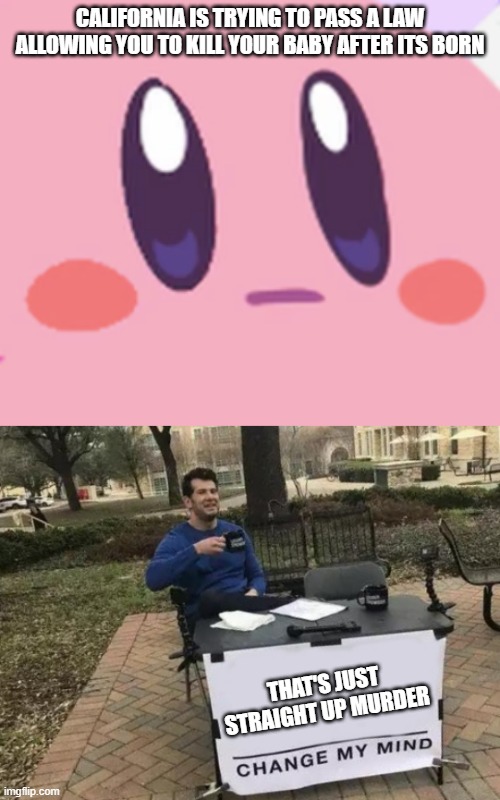 That makes sense | CALIFORNIA IS TRYING TO PASS A LAW ALLOWING YOU TO KILL YOUR BABY AFTER ITS BORN; THAT'S JUST STRAIGHT UP MURDER | image tagged in blank kirby face,memes,change my mind | made w/ Imgflip meme maker