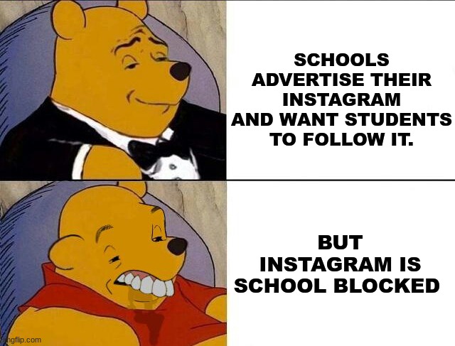Tuxedo Winnie the Pooh grossed reverse | SCHOOLS ADVERTISE THEIR INSTAGRAM AND WANT STUDENTS TO FOLLOW IT. BUT INSTAGRAM IS SCHOOL BLOCKED | image tagged in tuxedo winnie the pooh grossed reverse,school,school blocked | made w/ Imgflip meme maker