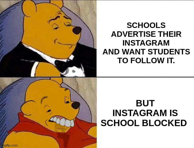 Tuxedo Winnie the Pooh grossed reverse | SCHOOLS ADVERTISE THEIR INSTAGRAM AND WANT STUDENTS TO FOLLOW IT. BUT INSTAGRAM IS SCHOOL BLOCKED | image tagged in tuxedo winnie the pooh grossed reverse | made w/ Imgflip meme maker