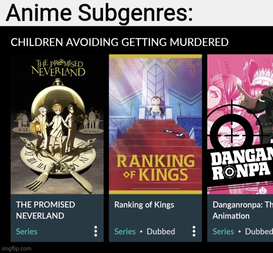 Subgenres | Anime Subgenres: | image tagged in anime | made w/ Imgflip meme maker