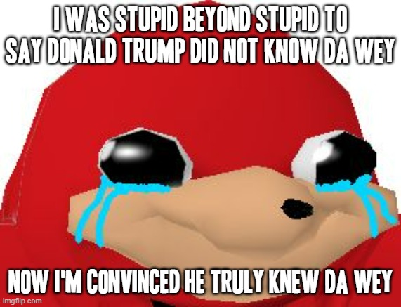 I guess I was wrong about Donald trump :( He might have made lots of mistakes but he wasn't such a bad president after all | I WAS STUPID BEYOND STUPID TO SAY DONALD TRUMP DID NOT KNOW DA WEY; NOW I'M CONVINCED HE TRULY KNEW DA WEY | image tagged in crying ugandan knuckles transparent,memes,politics,donald trump,sad truth,heavy regret | made w/ Imgflip meme maker