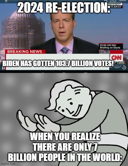 2024 RE-ELECTION: BIDEN HAS GOTTEN 103.7 BILLION VOTES! WHEN YOU REALIZE THERE ARE ONLY 7 BILLION PEOPLE IN THE WORLD: | image tagged in cnn breaking news template,hol up | made w/ Imgflip meme maker