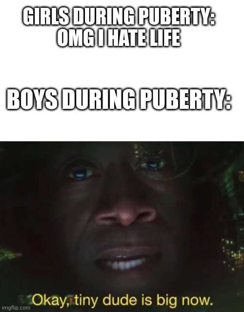 Funny | GIRLS DURING PUBERTY:
OMG I HATE LIFE; BOYS DURING PUBERTY: | image tagged in tiny dude is big now | made w/ Imgflip meme maker